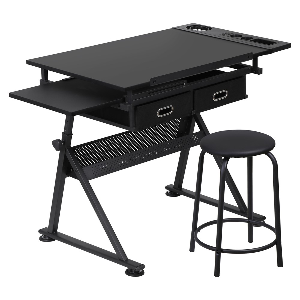 Adjustable Drafting Drawing Table Craft Tiltable Tabletop w/ 2 Drawers & Stool