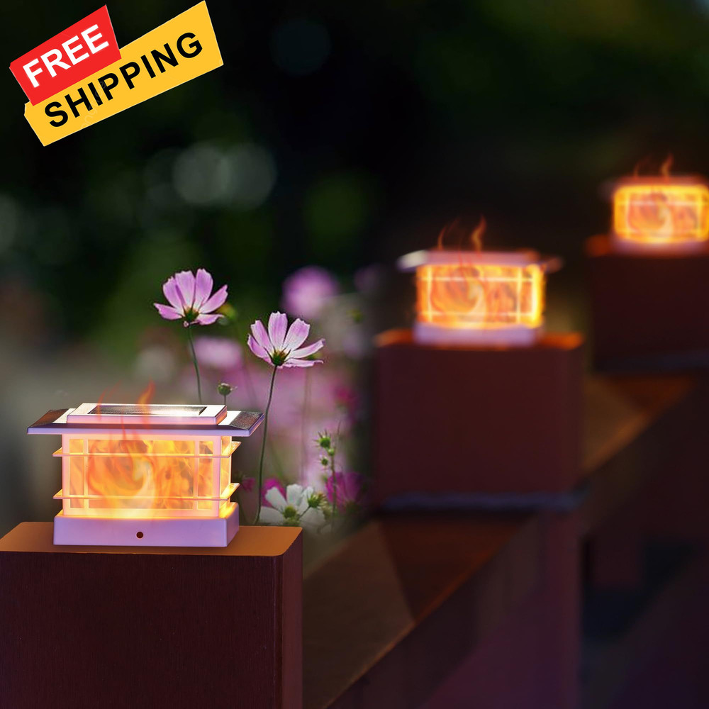 Dynaming 4 Pack Solar Post Cap Lights 4 Flickering Flame Lights, White