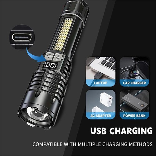 Rechargeable Tactical Flashlight Zoom 5 Modes Red Blue Warning Light USB C Light