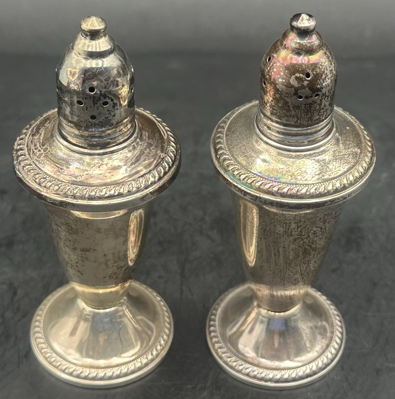 Duchin Creation Salt & Pepper Shakers Weighted Sterling Silver Over Glass