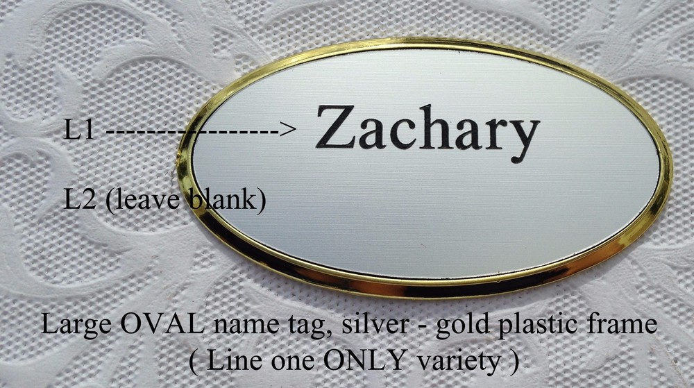 Personalized / Custom Engraved LRG OVAL Name Tag SILVER w/ GOLD Frame