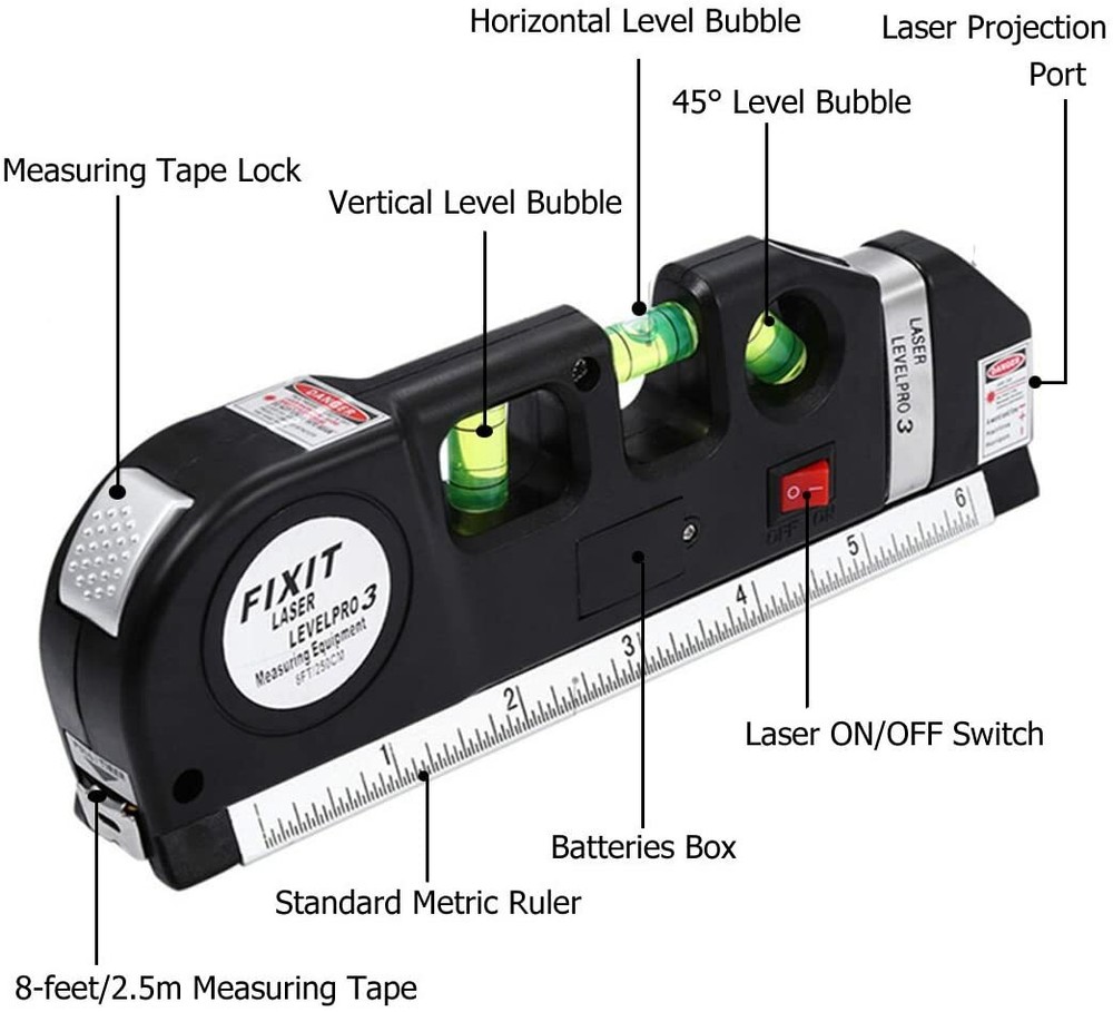 Laser Level 8' Measuring Tape Level Horizontal Vertical Laser Light Beam
