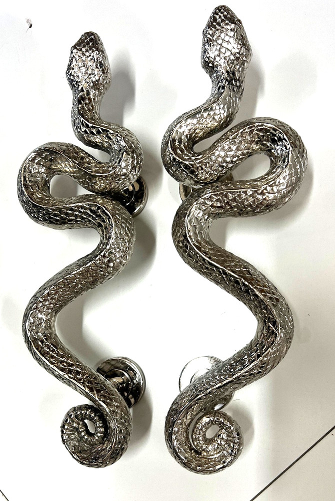 2 Heavy Solid Brass Rattlesnake Door Handles 14” (36cm) Rustic Antique Pull Grab