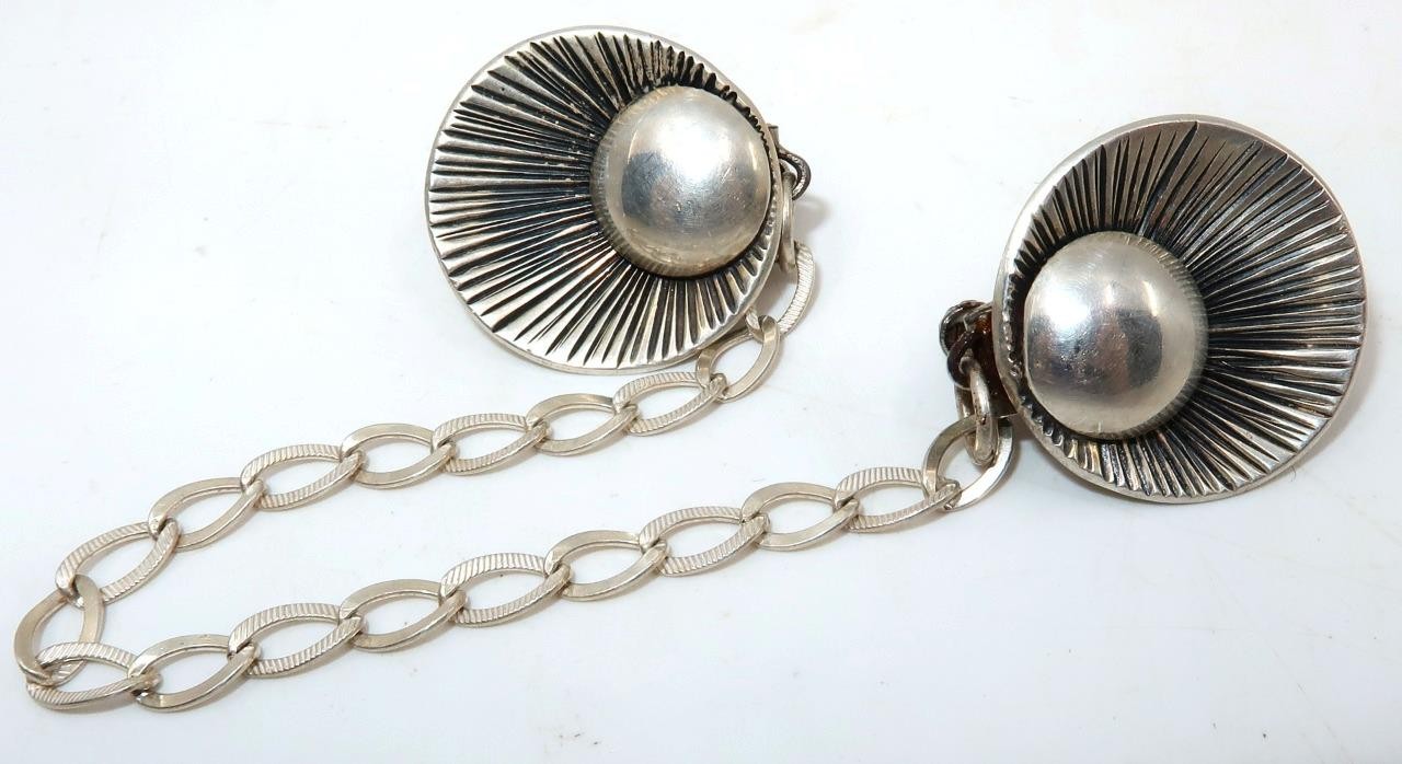 VTG CARLOS DIAS Sterling Silver 15g Sweater Clips, Pearl & Shell Design, 6 1/2"