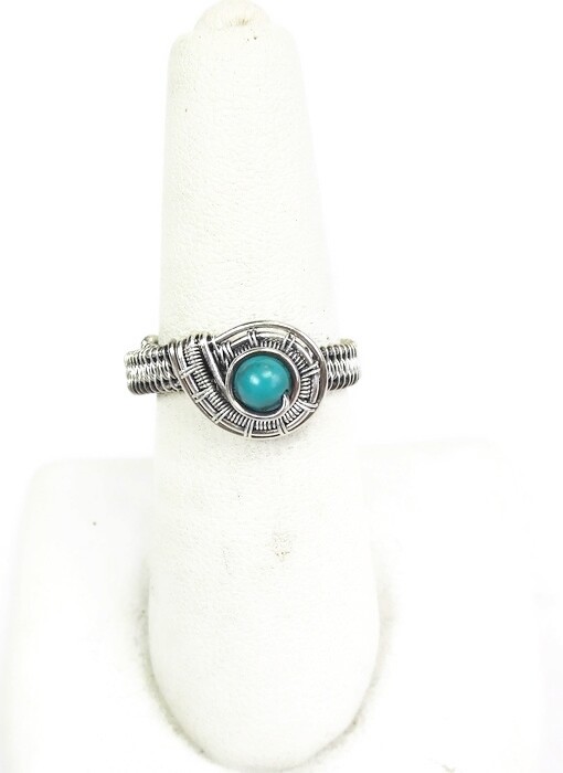 Turquoise Adjustable Ring, Woven in Sterling Silver Wire