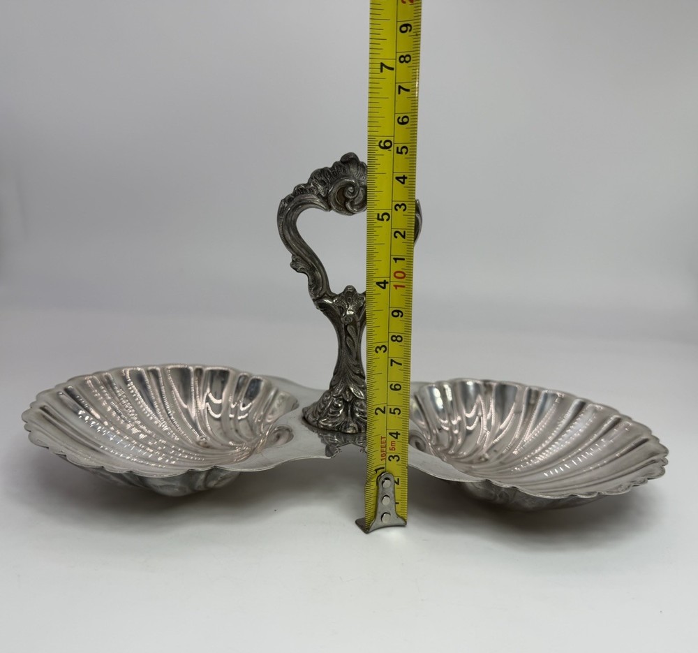 Vtg Crescent Silver Co Plated Double Clam Shell Serving Dish Trinket Tray Footed