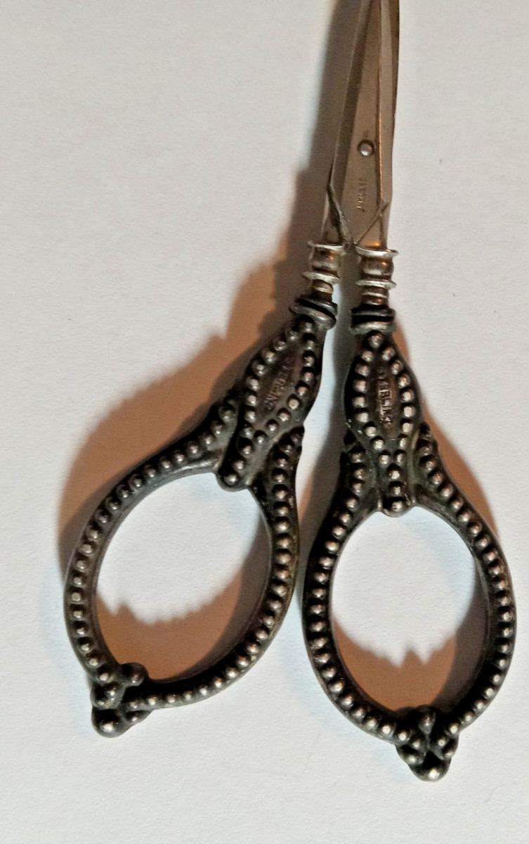 Antique German & USA Sterling Silver Handle Curved Blade Scissors.