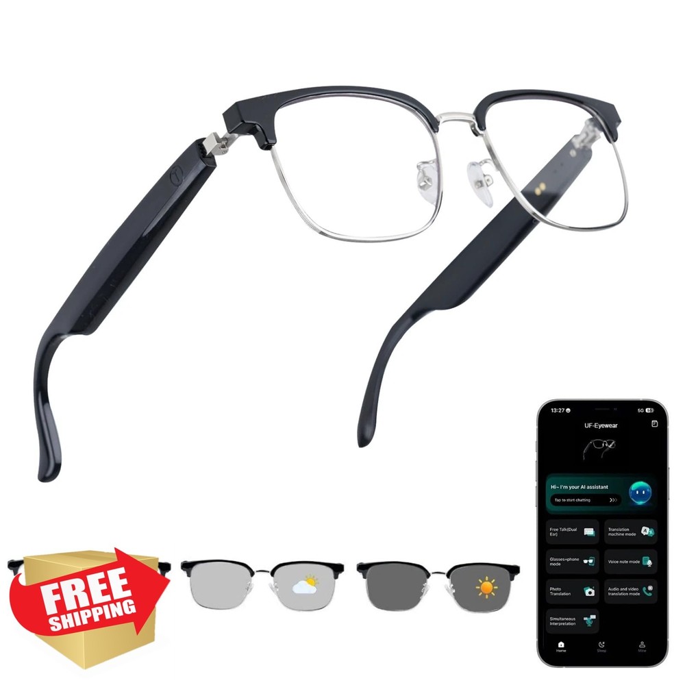 AI Bluetooth Glasses Real-Time Translator Silver