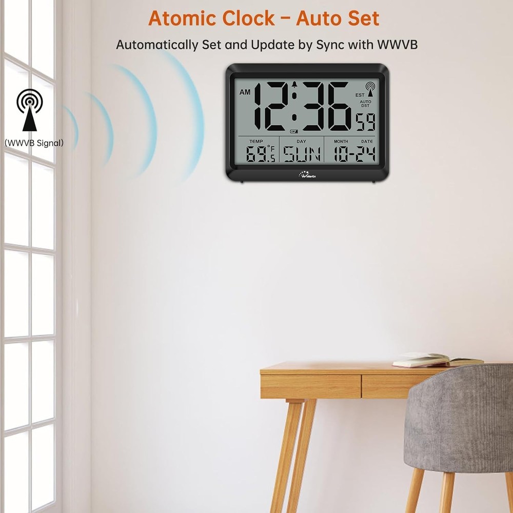 Atomic Digital Wall Clock Battery Operated, Self-Setting, Large Display with Tem