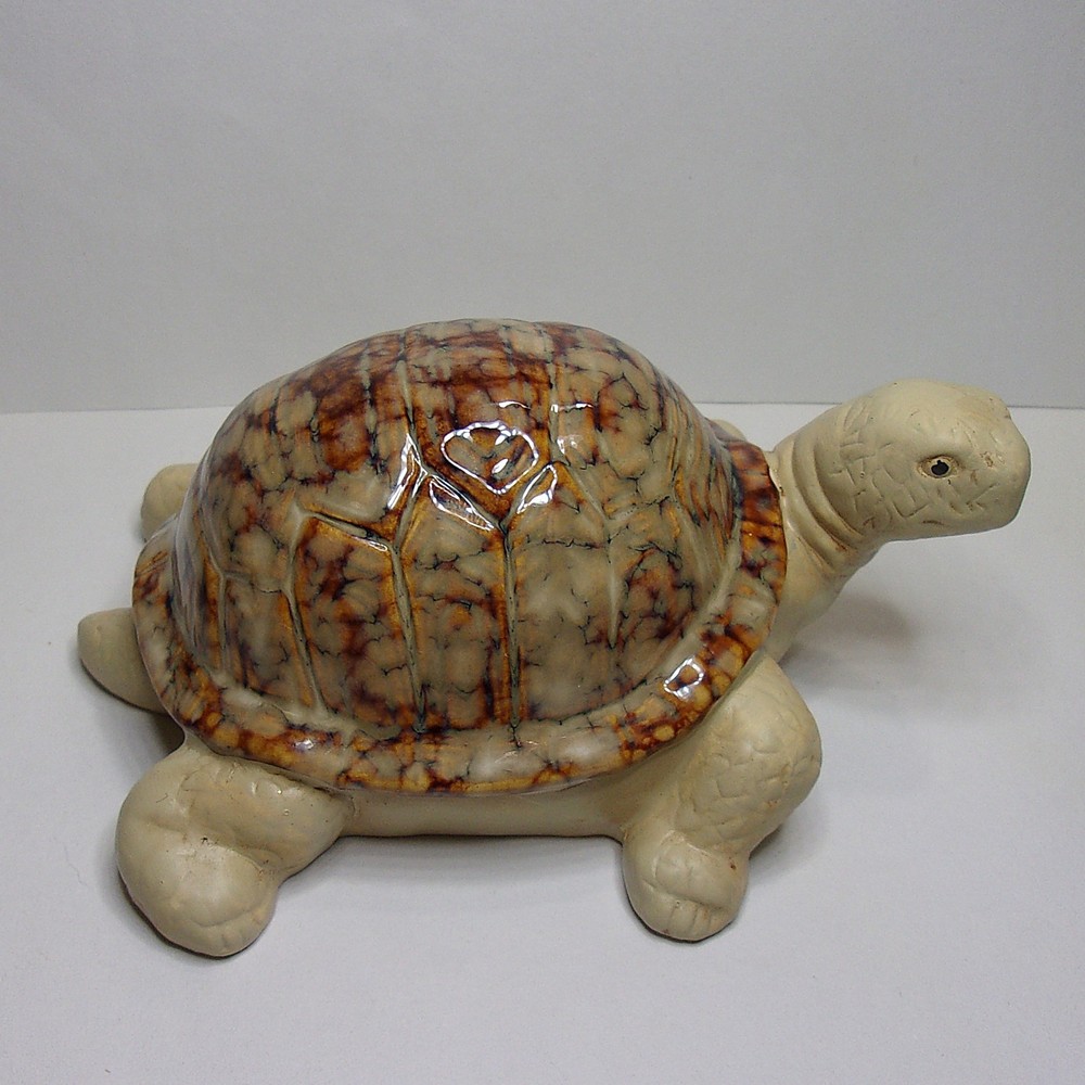 Ceramic Turtle Figurine Statue Hand Painted with Glazed Tan/Brown Tortoise Shell
