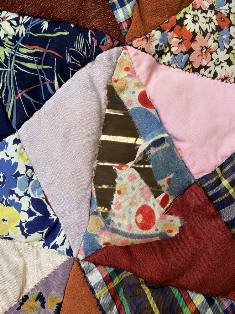Vintage Handmade Satin Triangle Patchwork Quilt 74x88 Distressed Rustic Cowboy