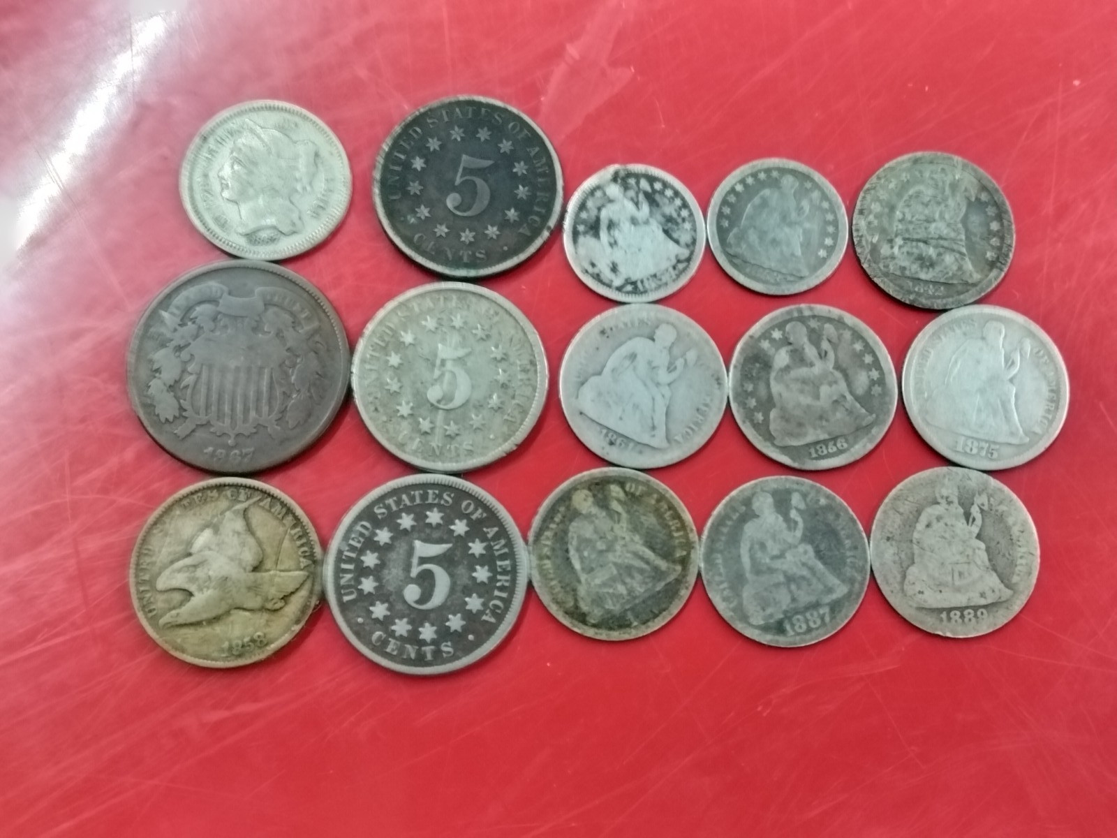 Lot of 15 Mixed Lowball Civil War Era 1842-1889 Silver/Copper Coins Penny-Dime