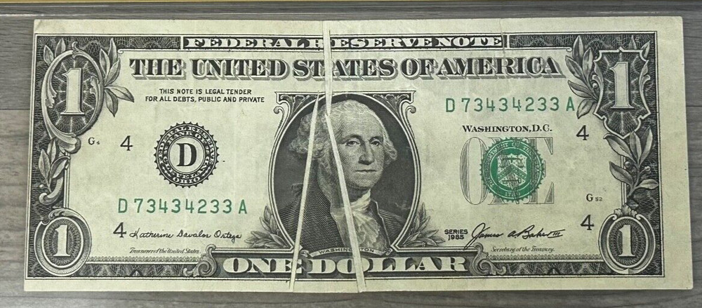 1985 Cleveland $1 Fed Reserve Note, Double Center Gutter Fold Error, PCGS VF 35