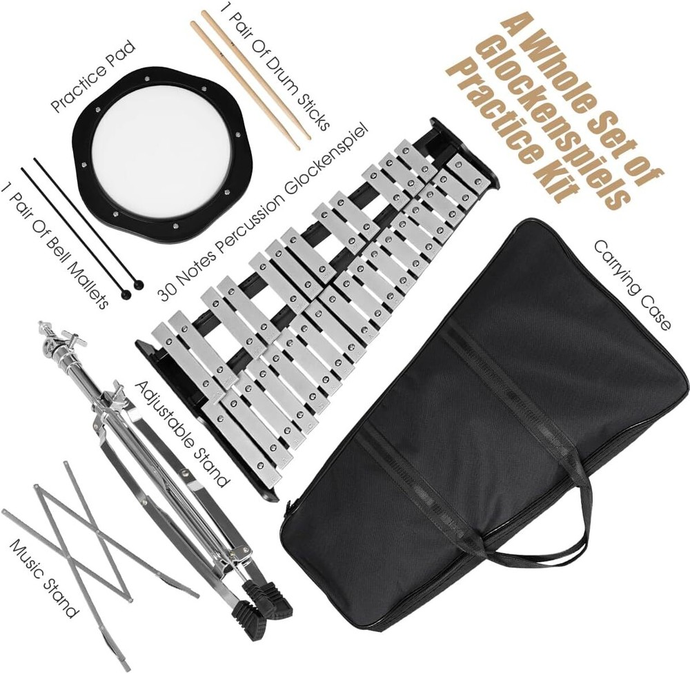 Percussion Glockenspiel Bell Kit 30Notes, Xylophone with Adjustable Height Frame