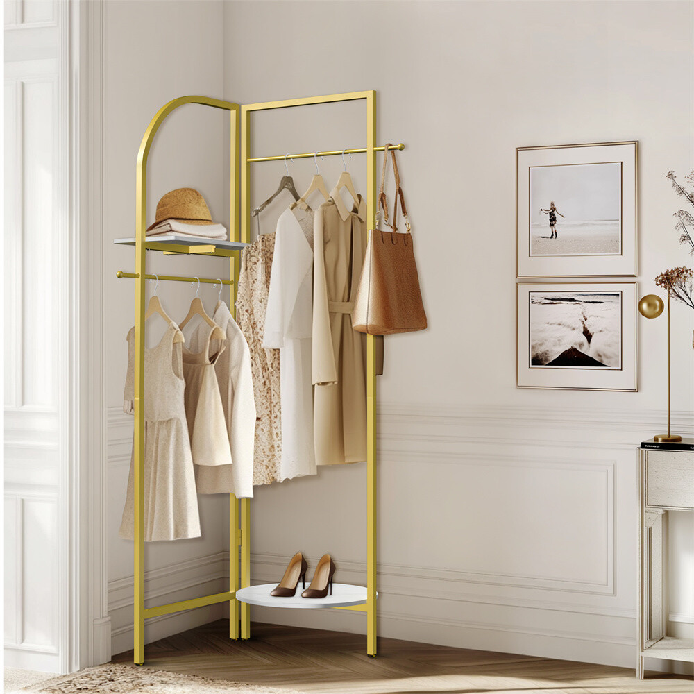 Corner Gold Metal Clothing Rack Freestanding Clothes Coat Rack 90-180° Unfolding