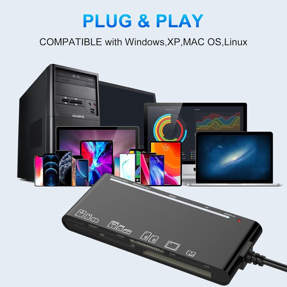 Multi USB 3.0 Memory Card Reader 7 in 1 Adapter Hub for SD CF TF Micro SD XD MS