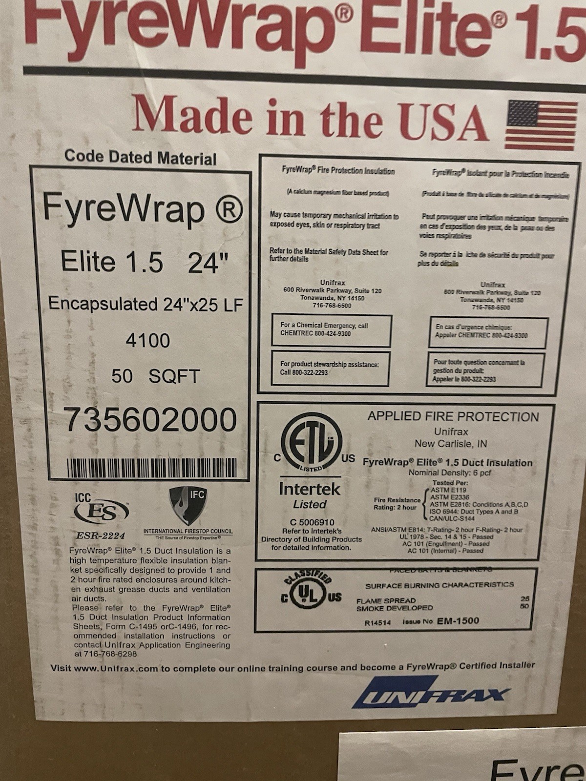 FyreWrap Elite 1.5 Grease Duct insulation (quantity discount avail.)  25' x 2'