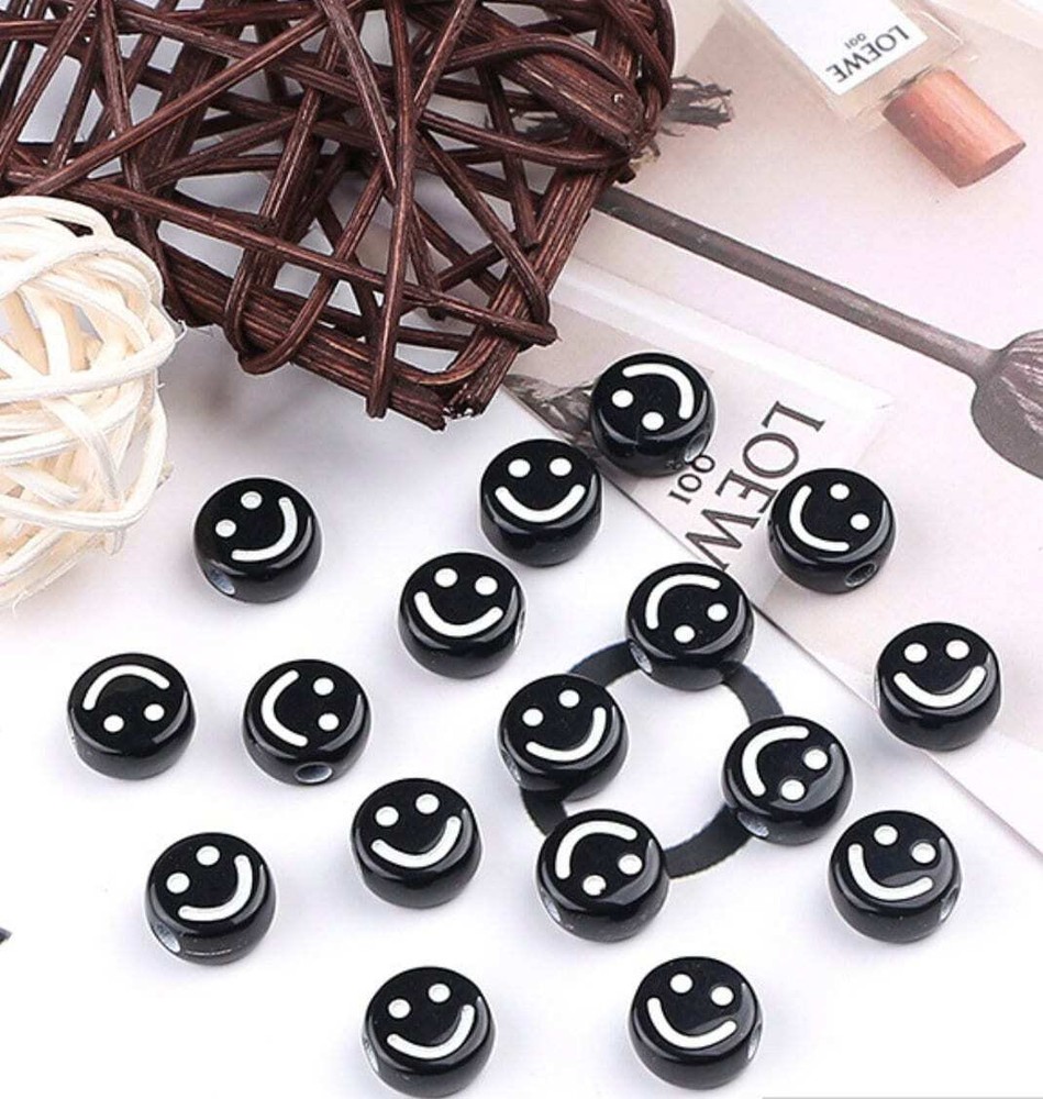 7MM Black Flat Round Acrylic with White Smile Face Beads