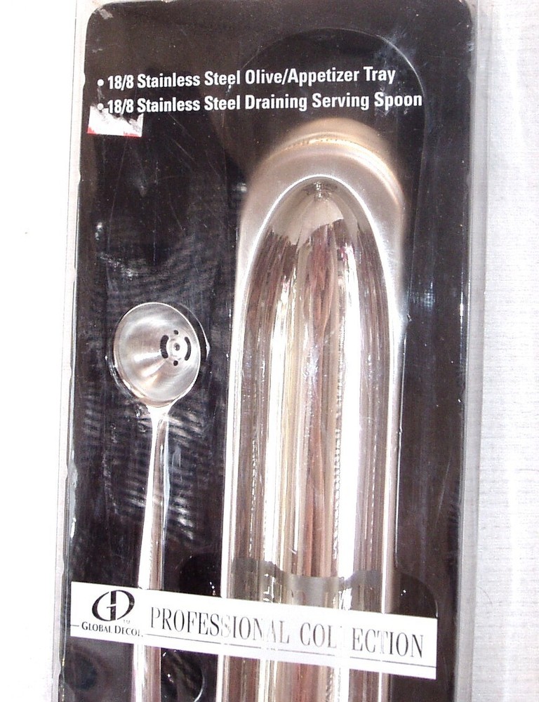 NIB STAINLESS STEEL OLIVE / APPETIZER TRAY & DRAINING SERVING SPOON SET