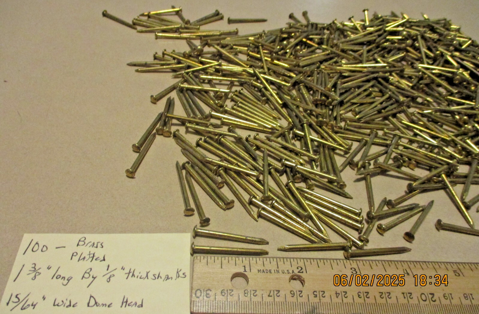 REAL NICE LOT OF 100--1 3/8" LONG X JUST UNDER 1/8" SHANK BRASS PLATED NAILS