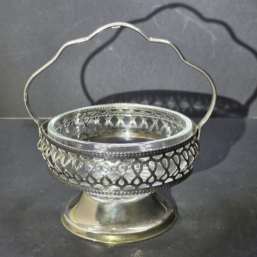 Sheffield Silver-plate Serving Caddy Basket with 4" D Glass Insert Vintage