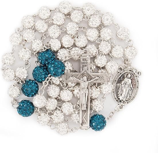 White with Blue Crystal Beads Catholic Rosary Necklace
