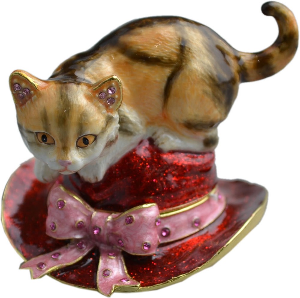 Hidden Treasures Red Hat Cat Trinket Box