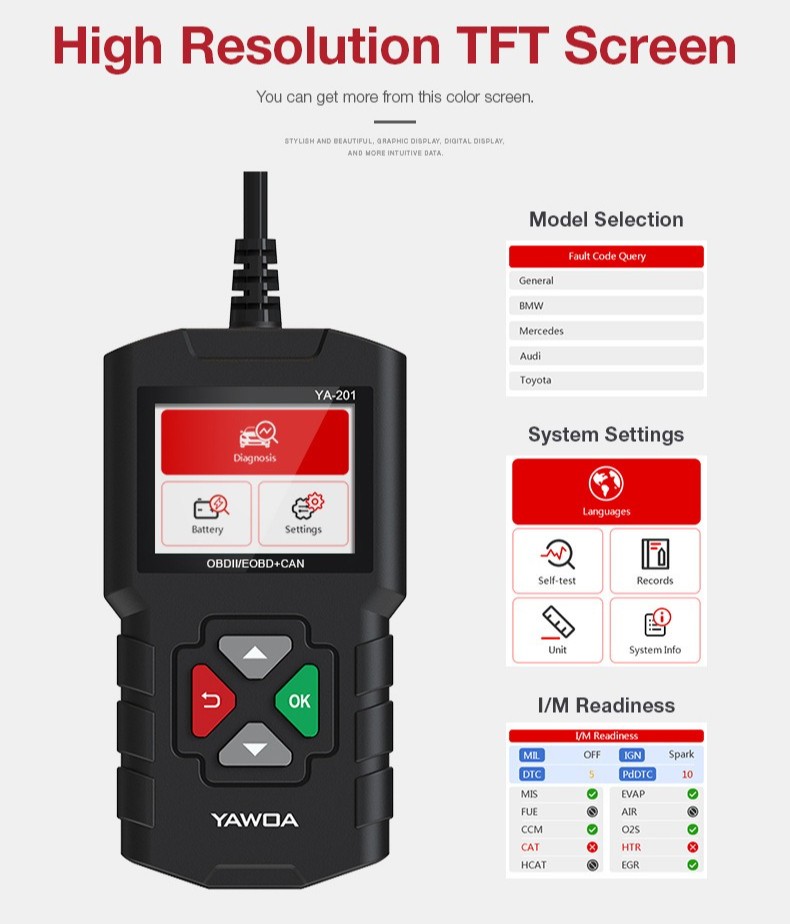 YA201 OBD2 Car Diagnostic Code Reader Fault Scanner Tool Tester Same as CR3001