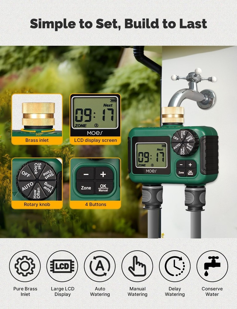 MOES 2 Outlet Sprinkler Timer, Brass Inlet, Programmable Automatic Irrigation...