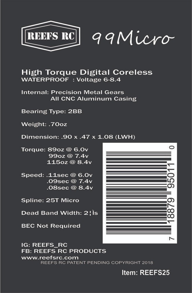 REEF's 99 MICRO High Torque High Speed Waterproof Servo high voltage low profile