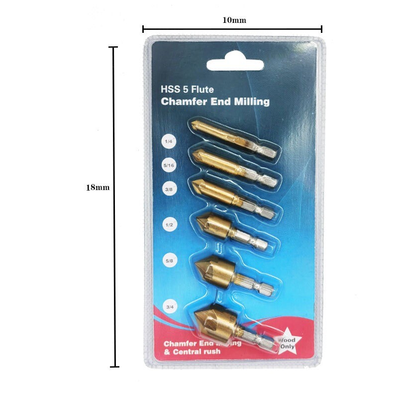 6Pc Chamfer Countersink Deburring Drill Bit Set Crosshole Cutting Metal Tool Kit