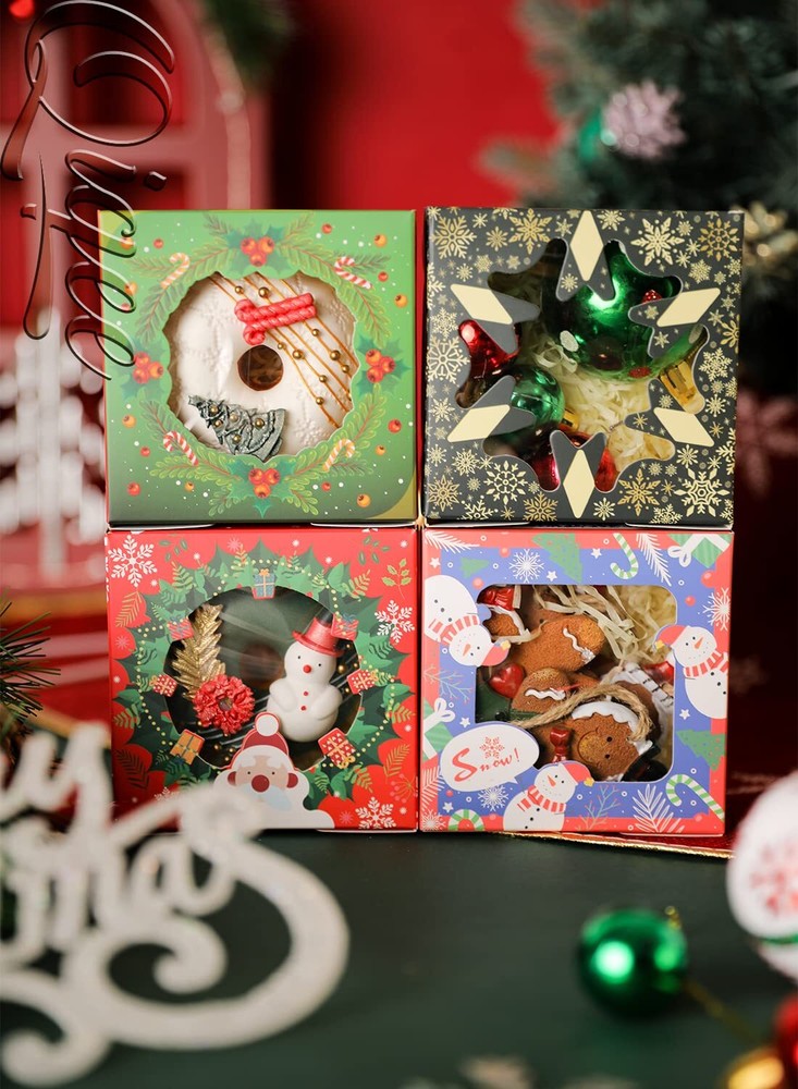 Christmas Bakery Boxes with Window 52pcs 4x4x2.5 Mini Cookie Boxes Macaron Bo...