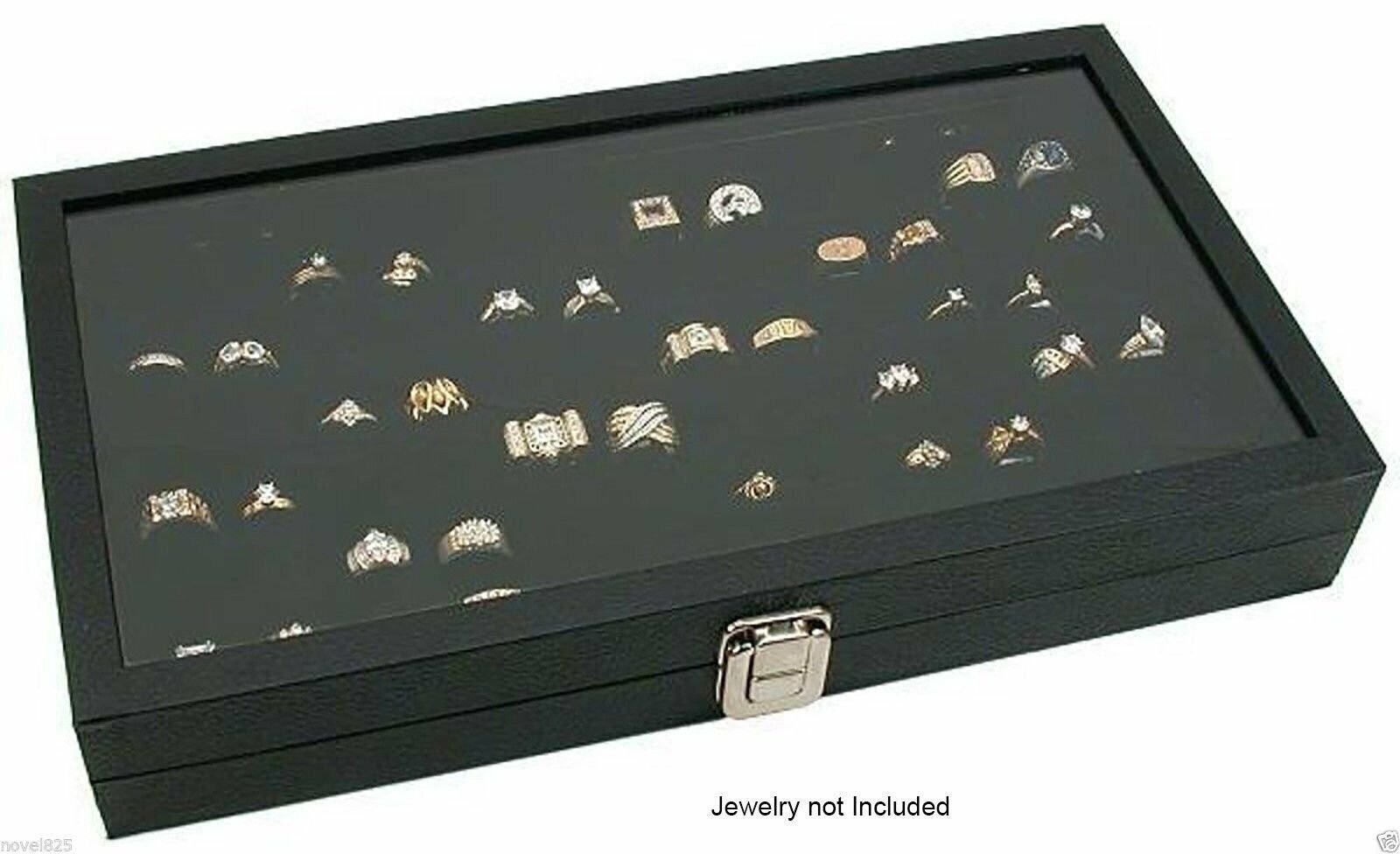 Glass Top Lid 72 Ring Black Showcase Jewelry Display Storage Organizer Box Case