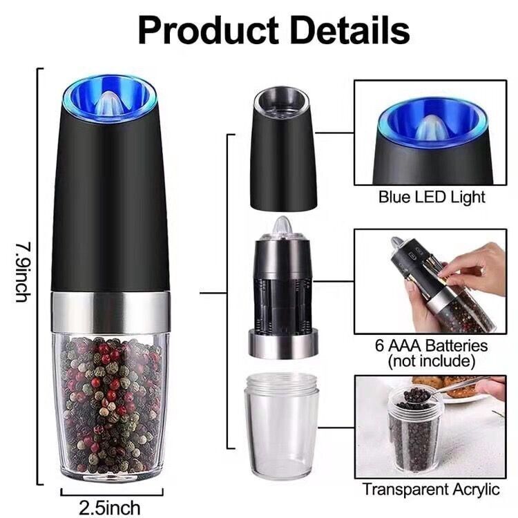 Electric Salt And Pepper Grinder Powered Gravity Sensor Mill Adjustable 2 PCS