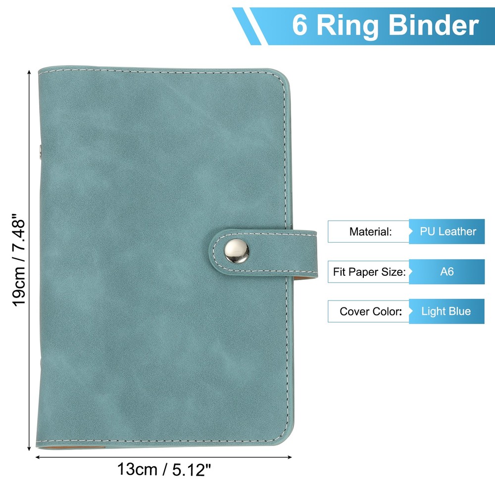 A6 PU Leather Binder Cover, 6 Ring Loose Leaf Binder Protector, Light Blue