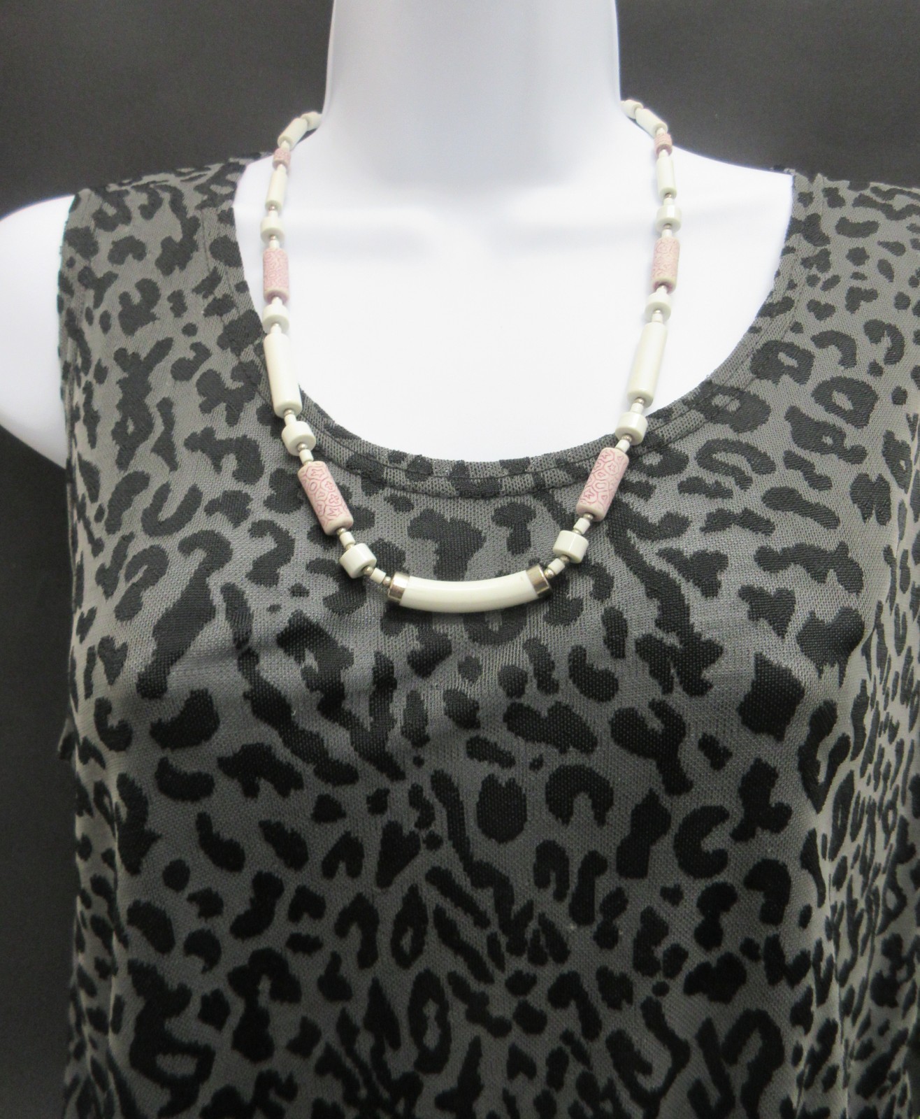 Ceramic Beads Necklace White Pink 24 Inches Native American Inspired Design