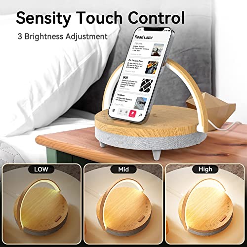 Bedside Table LED Night Light with Wireless Charger and Bluetooth Wood Grain
