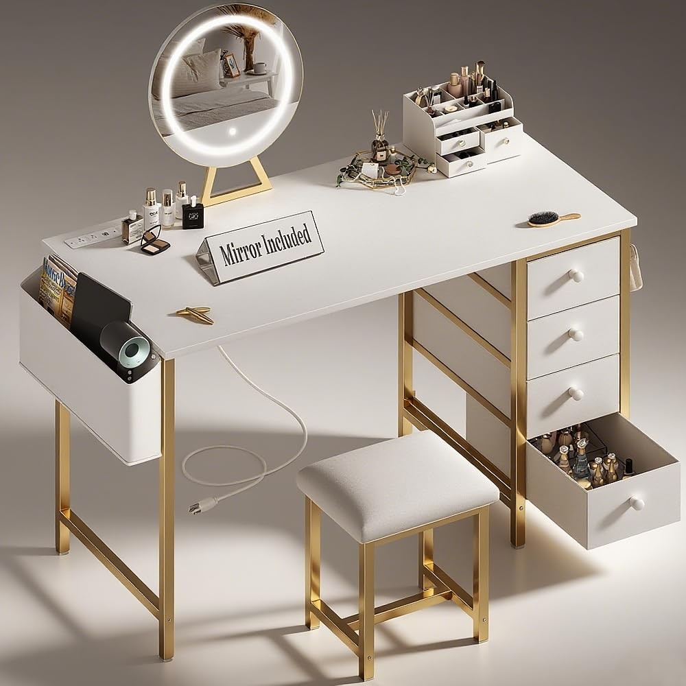 47" Peinadoras Para Cuartos Con Espejo Luces y Silla Tocador De Maquillaje Mujer