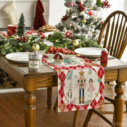 Diamond Plaid Nutcracker Snowflake Christmas Table 13" x 72", Table Runner Red