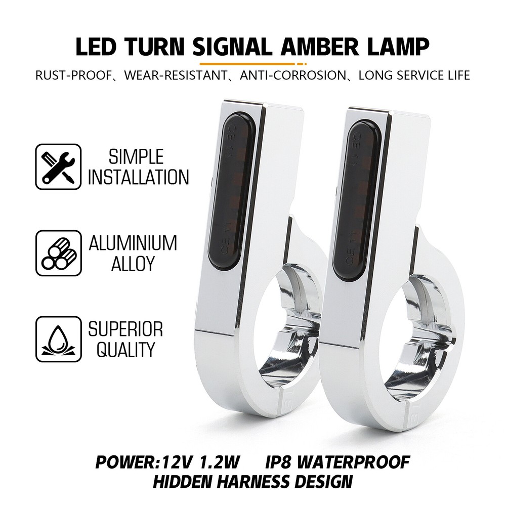 Chrome 38-41mm Front Fork LED Turn Signal Light Indicator Bullet Custom Cruiser