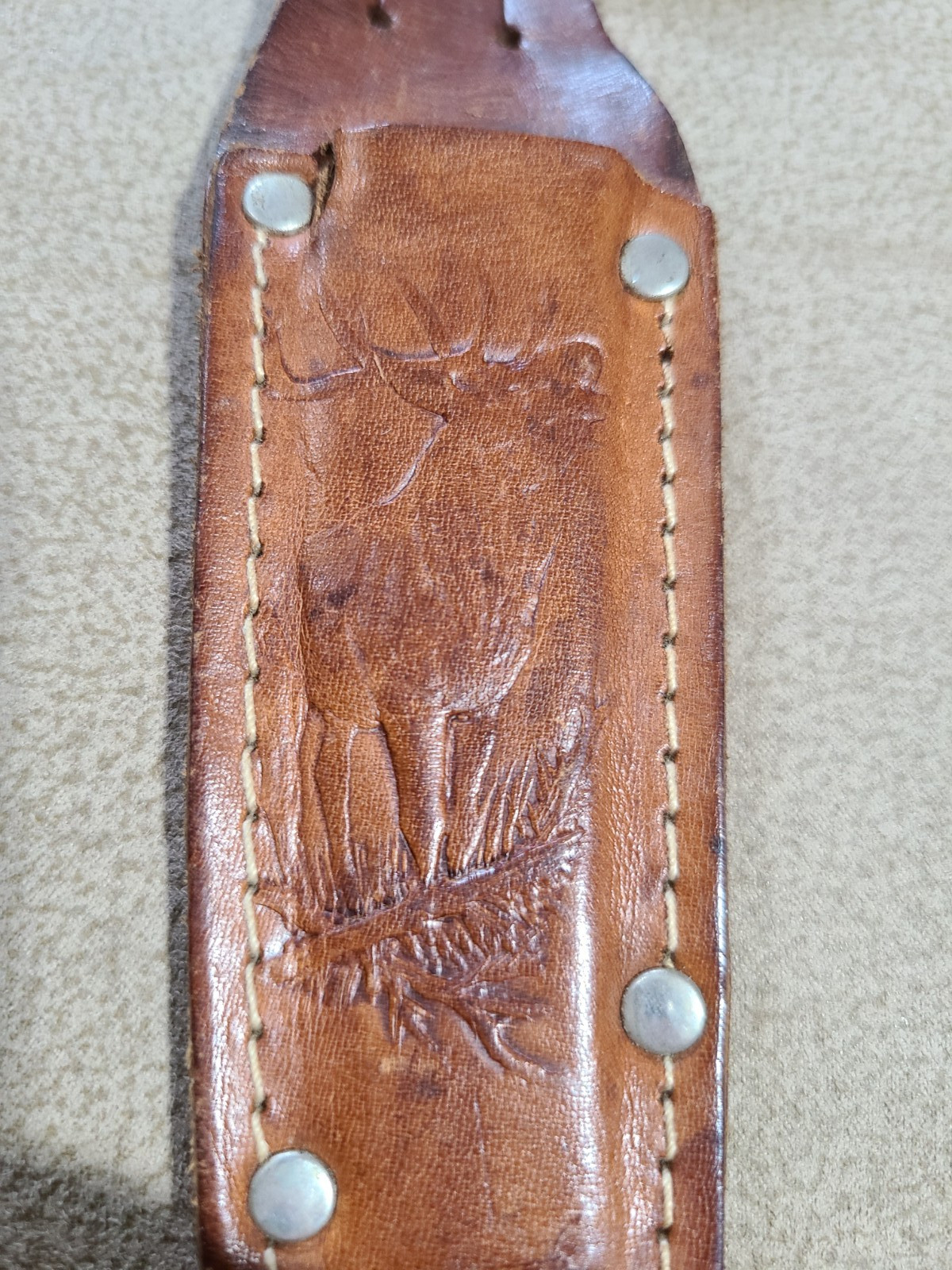 Mohawk Hammer Forged Stag Handle Fixed Blade Knife Germany Elk Embossed Sheath