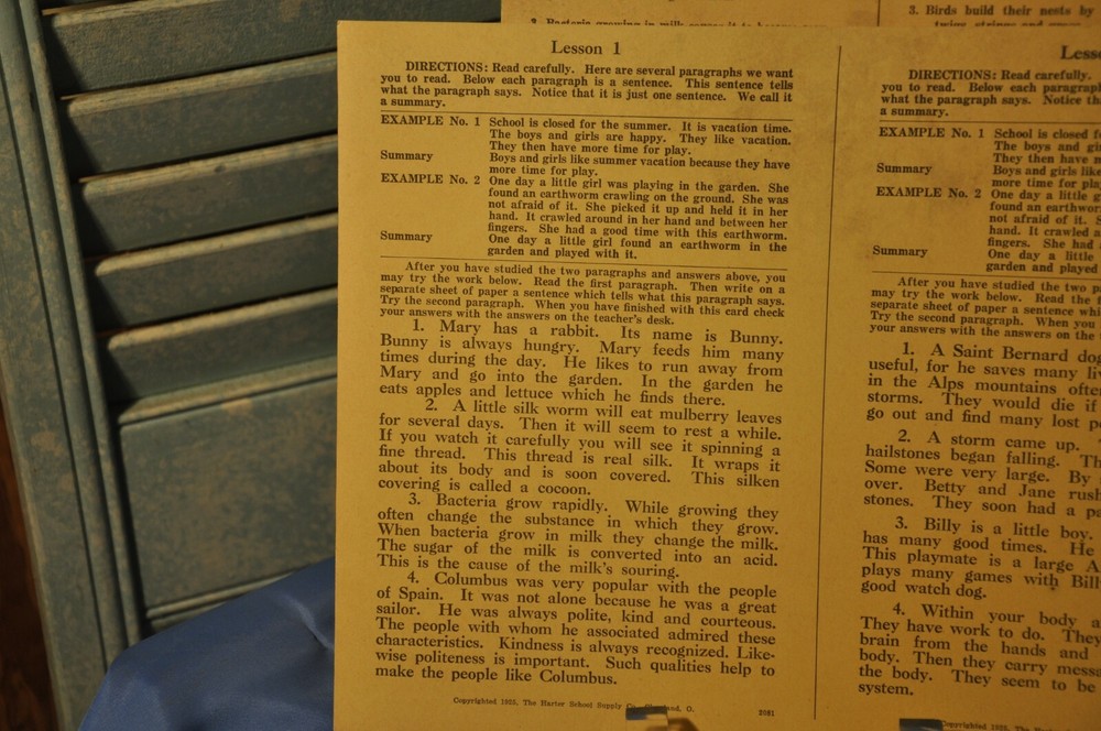 1925 Summarizing Paragraphs Self Supervised Seat Work 7th 8th Grade Learning Mat
