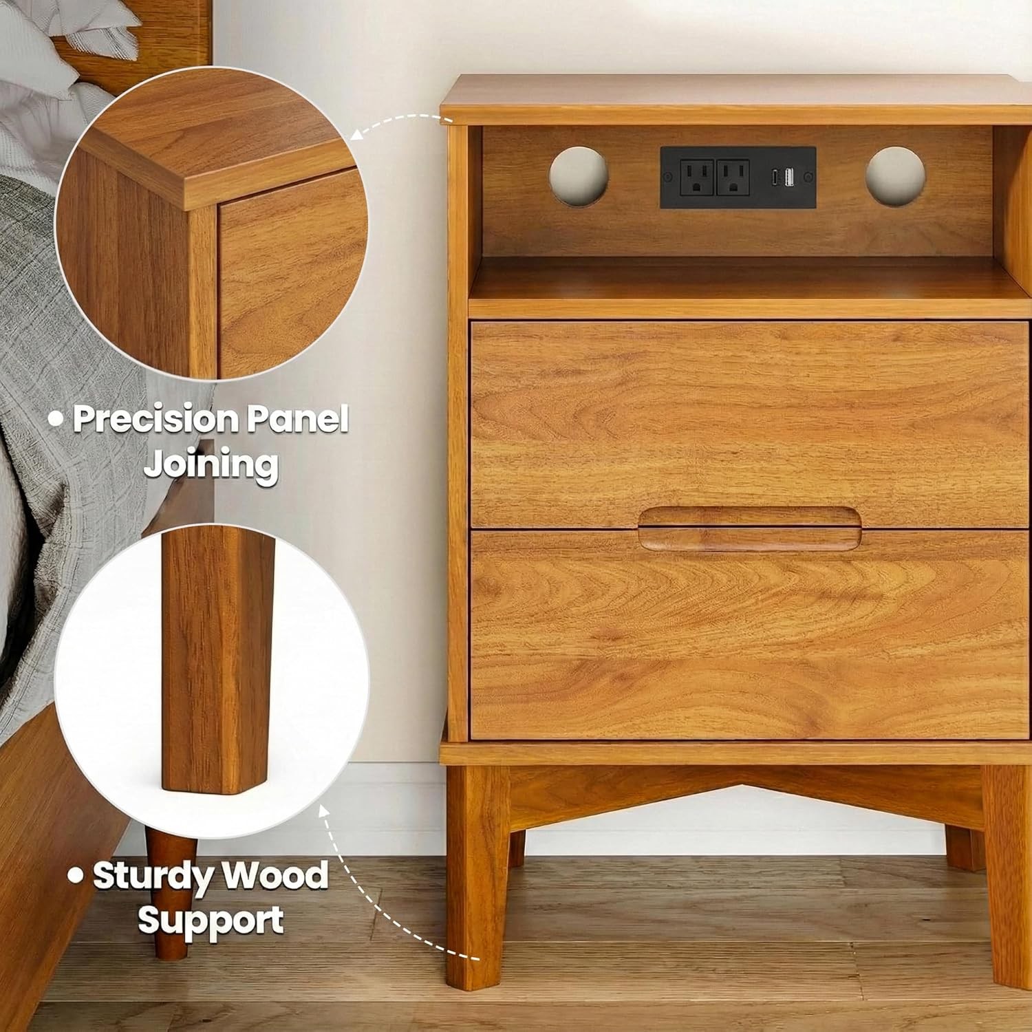 A set (2 pieces) of Mid-Century Modern nightstands with charging function