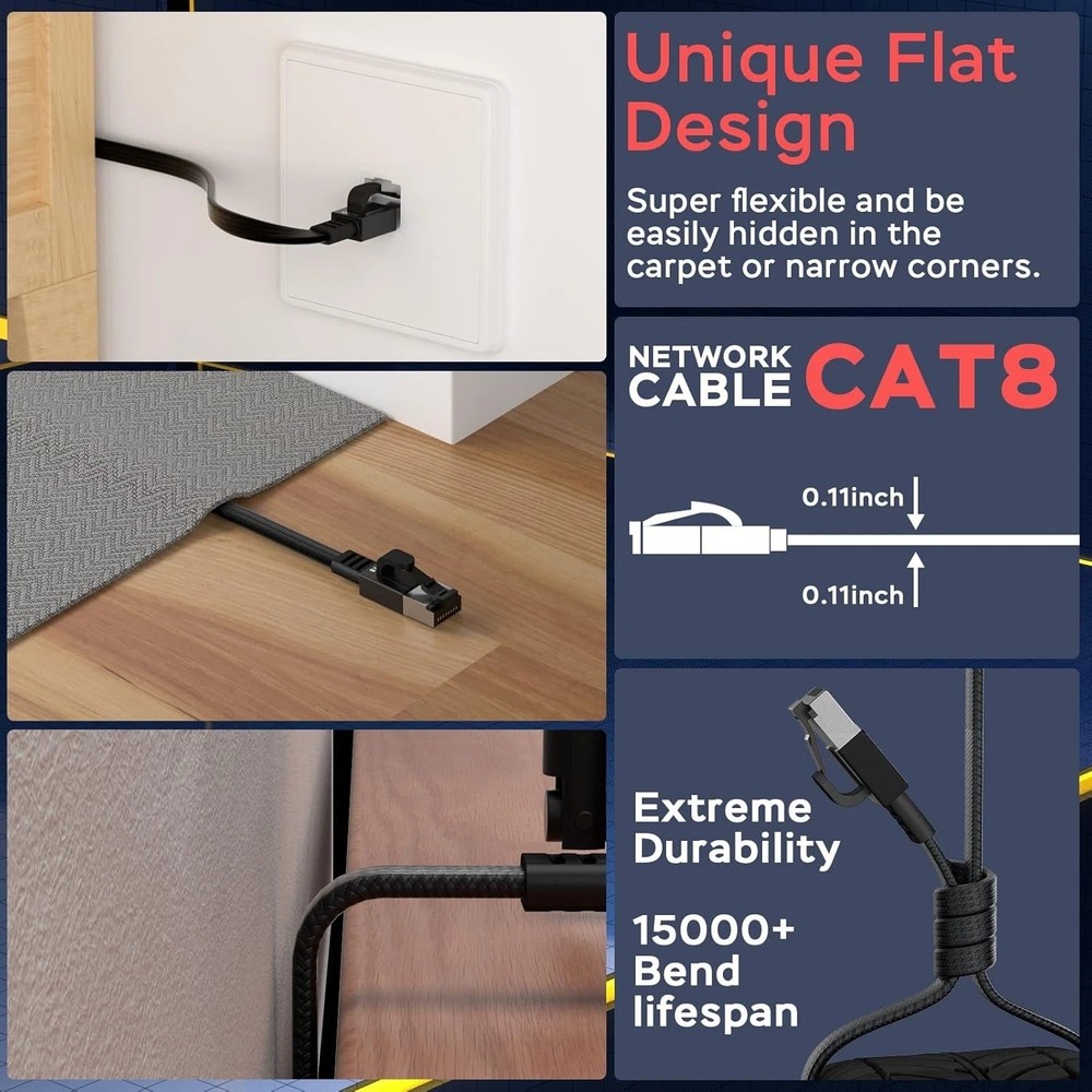 Ethernet Cable 50 ft, Cat 8 Ethernet Cable with 40Gbps Braid Flat Cat8 50ft