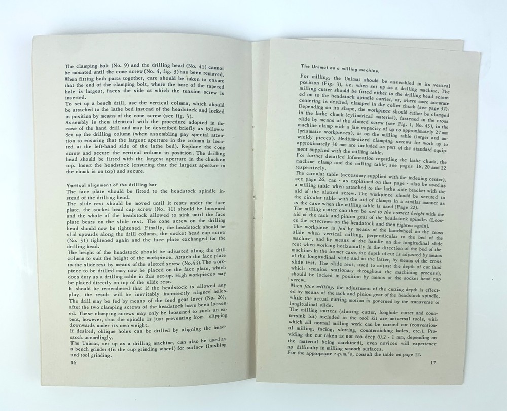 Original operating instruction Unimat universal machine tool (small book).