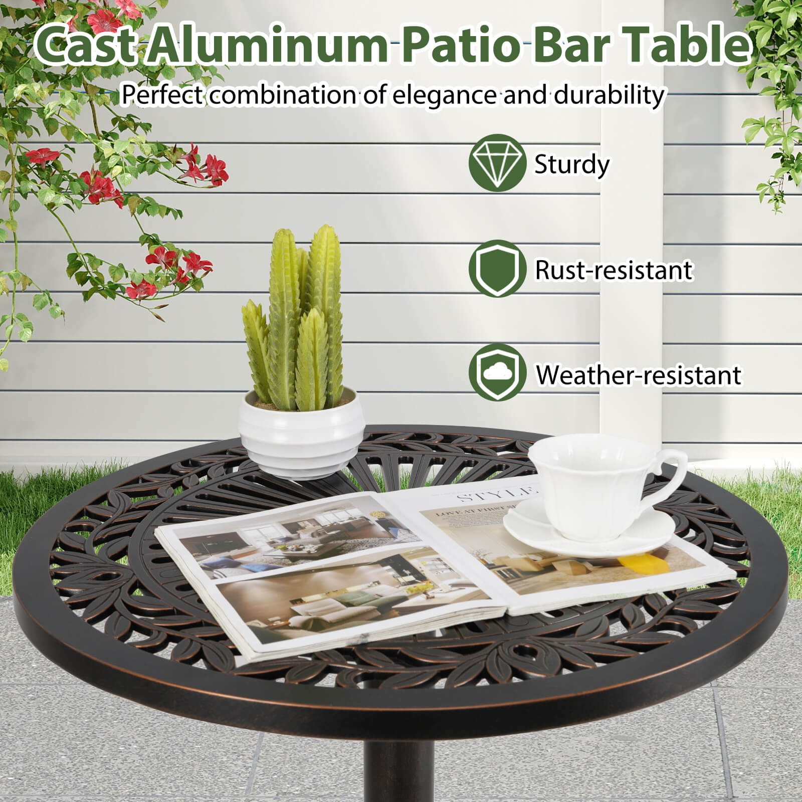24" Patio Round Bar Table w/Carved Texture for Garden Backyard Balcony, Poolside
