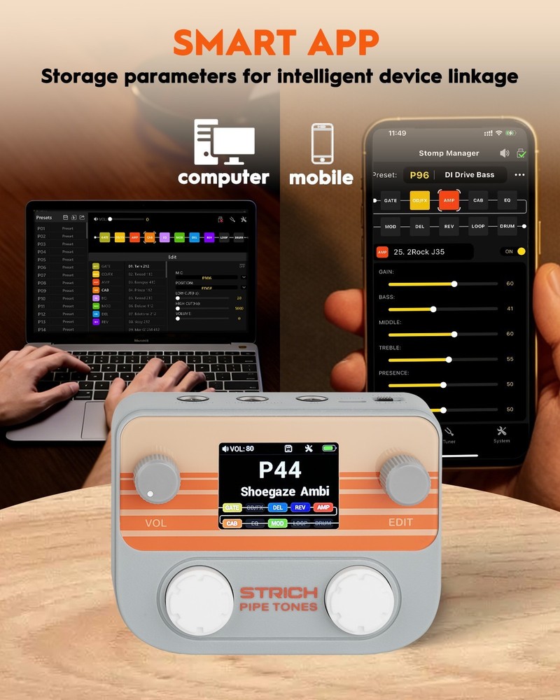 STRICH Pipe Tones Pocket Multi-Effects Processor for Guitar and Bass (Gray)