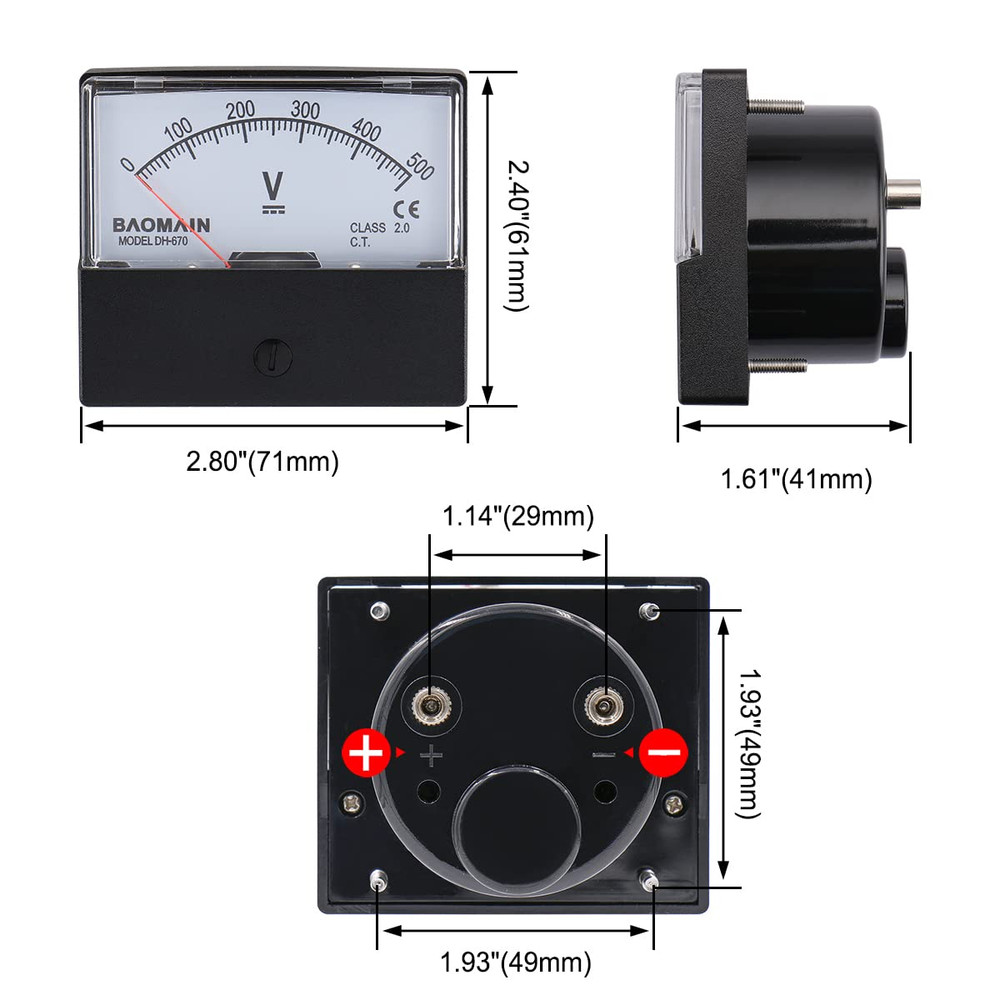Baomain Voltmeter DH-670 DC 0-500V Rectangular Class 2.5 Analog Panel Volt Volta