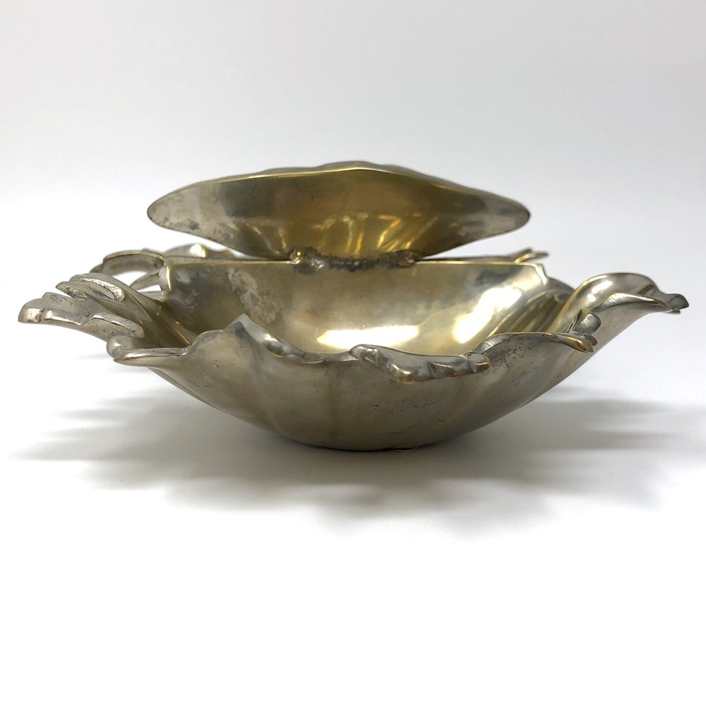 Vtg 1969 Silverplate Seashell Freeform Double Candy Dish Handle Gold Interior