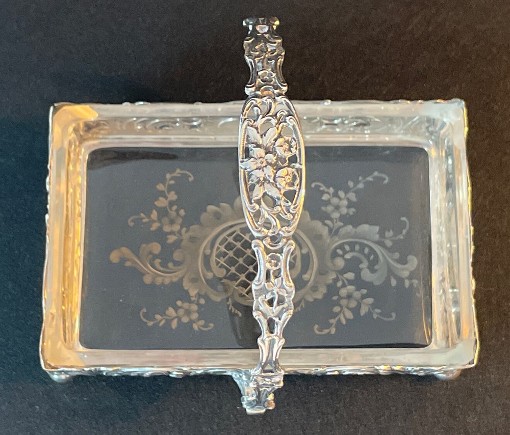 Germany Sterling Repousse Basket Etched Glass Insert Rectangular Swing Handle